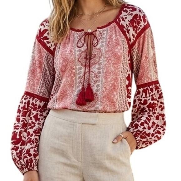 Rachel Zoe Tops - Rachel Zoe Mixed Print Peasant Top Womens XL Red Tassels Boho Balloon Sleeves